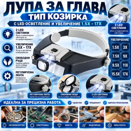 Лупа за глава с LED осветление и увеличение 1.5X–17X