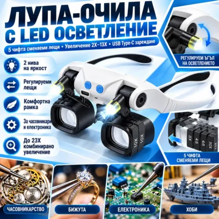 Лупа-очила с LED осветление и 5 сменяеми лещи 2X–13X