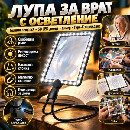 Лупа за врат с осветление 5x с 50 LED, димер и Type-C зареждане