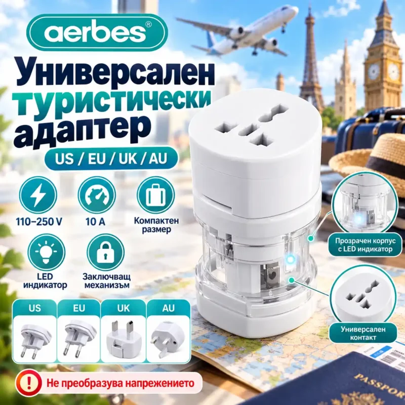 Универсален туристически адаптер за контакти US, EU, UK и AU – Aerbes