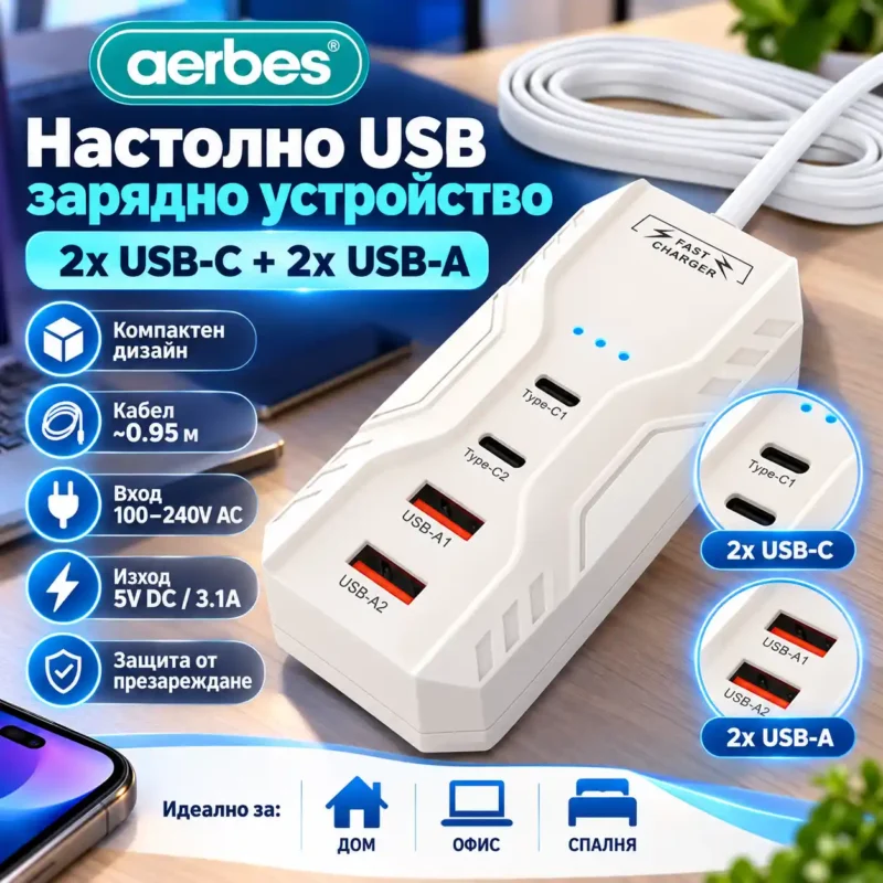 Настолно USB зарядно устройство с 4 порта – 2x USB-C и 2x USB-A, Aerbes
