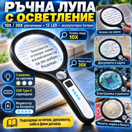 Ръчна лупа с осветление и две степени на увеличение