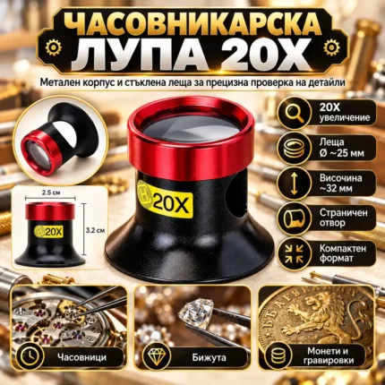 Часовникарска лупа 20X с метален корпус и стъклена леща
