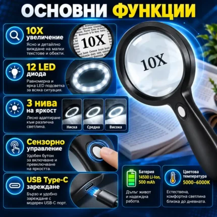 ръчна лупа 10X с LED